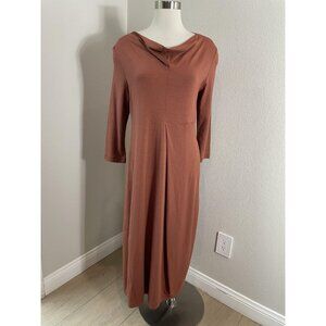 OSKA Dress Womens 1 Rust Orange Cowl Neck Jersey Midi Pockets Shift Travel